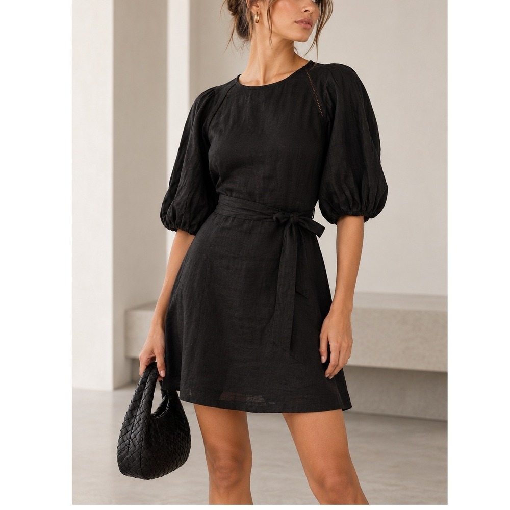 Faithfull The Brand Mai Mini Dress Women's Small Black Linen Romantic Puff New